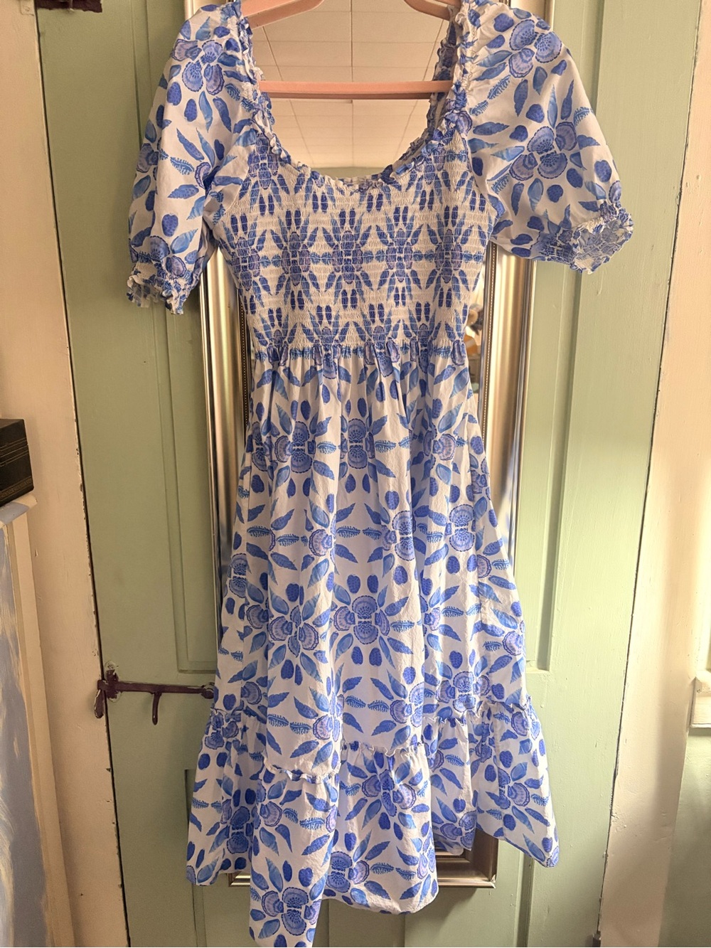 Hill House Blue Purple Shell Louisa Mosaic Floral Smocked Midi Dress Medium M 🐚 - Picture 6 of 6